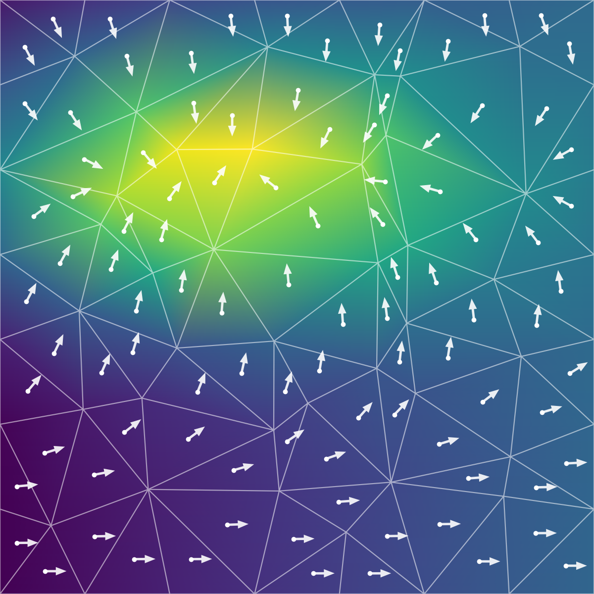 Finite element mesh with pollutant concentration field and velocity arrows